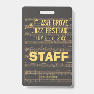 Toegangsbadge voor muziek evenement met jazsthema badge