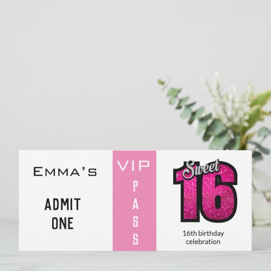 Toegangskaart 16e verjaardagsfeestje Roze & Wit Kaart (Staand voorkant)