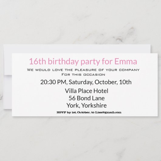 Toegangskaart 16e verjaardagsfeestje Roze & Wit Kaart (Achterkant)