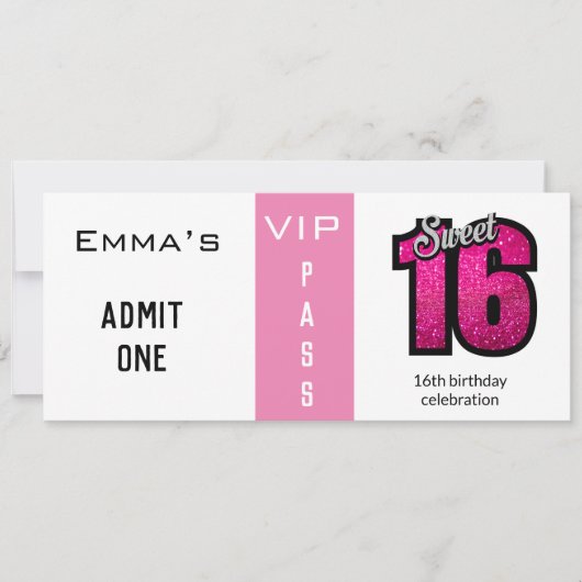 Toegangskaart 16e verjaardagsfeestje Roze & Wit Kaart (Voorkant)