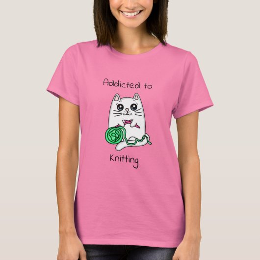 Toegediend aan Knitting | Cute Cat T-shirt (Voorkant)