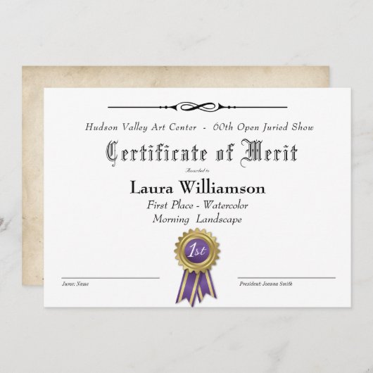 TOEKENNINGSCERTIFICAAT VOOR KUNSTSHOWS (Voorkant / Achterkant)