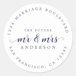 Toekomst de heer Mrs Navy Blue Script Return Ronde Sticker