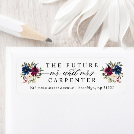 Toekomst de heer Navy Blue Burgundy Floral Wedding Etiket (Insitu)