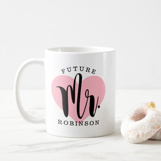 Toekomst de heer Pink Heart Monogram Wedding Koffiemok (Met donut)