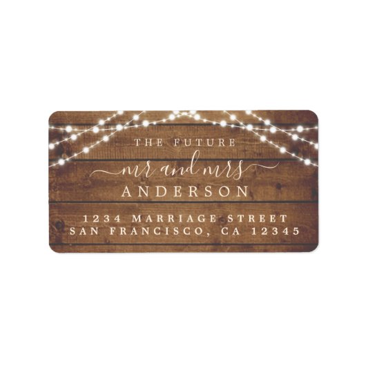 Toekomst : mevrouw Rustic Wood Lights Wedding Etiket (Voorkant)