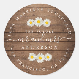 Toekomst Mr. Mrs. Daisies Wood Bruiloft Retouradre Ronde Sticker