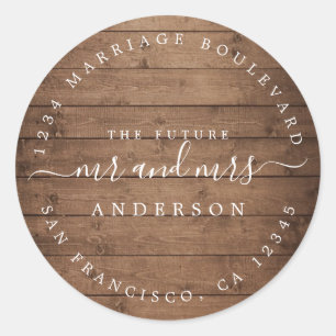 Toekomst Mr. Mrs Rustiek Hout Bruiloft Retouradres Ronde Sticker