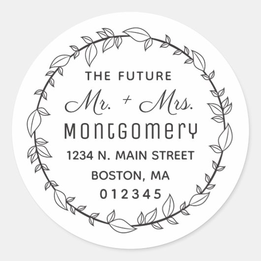 Toekomst Mr & Mrs Wreath White Retouradres Ronde Sticker (Voorkant)