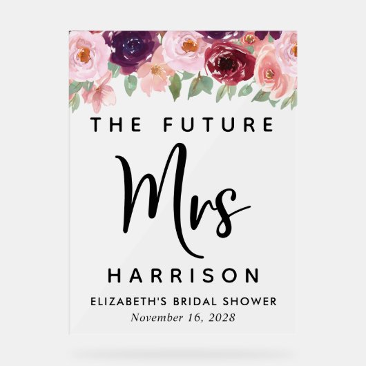 Toekomst Mrs Floral Vrijgezellenfeest Welkom Frost Acryl Bord (Voorkant)