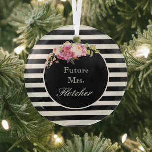 Toekomst Mrs gepersonaliseerde zwart-witte strepen Glas Ornament