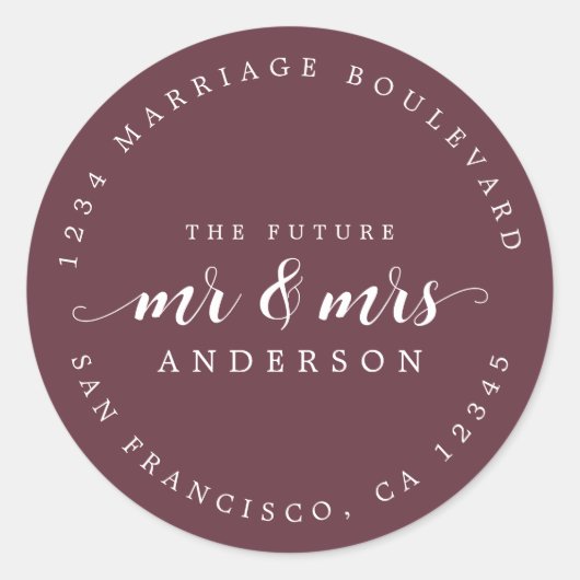 Toekomst van de heer mevrouw Script Burgundy Retur Ronde Sticker (Voorkant)