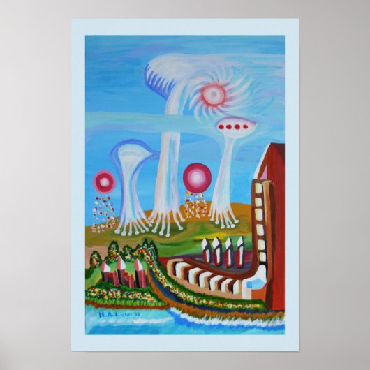 Toekomstig landschap met UFO's Poster (Voorkant)
