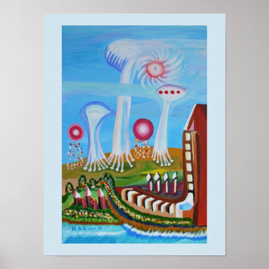 Toekomstig landschap met UFO's Poster (Voorkant)