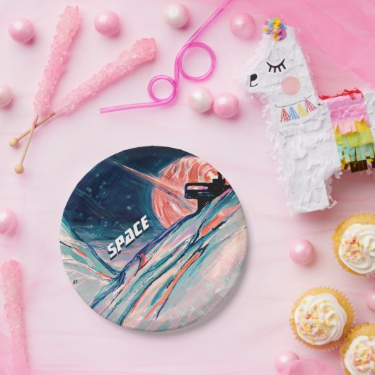 Toekomstig startpunt in de ruimte papieren bordje (Feest)