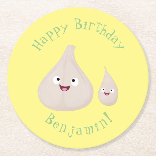 Toekomstige afbeelding van knoflook cartoon ronde kartonnen onderzetter (Voorkant)