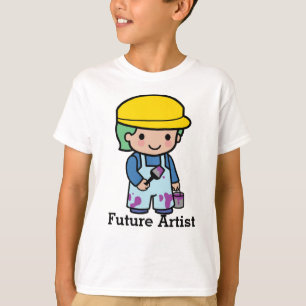 Toekomstige artistieke jongen in overalls en paars t-shirt