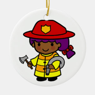 Toekomstige brandweermeisjes met bijl en ontlastin keramisch ornament