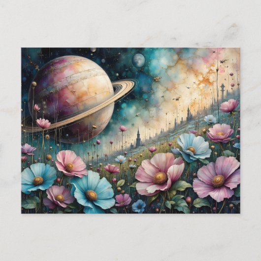 Toekomstige Cosmos Bloem en Ruimte Briefkaart (Voorkant)
