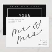 Toekomstige foto B/W van Mr & Mrs Script Save the Save The Date (Voorkant / Achterkant)