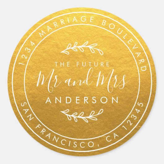 Toekomstige Meneer Mevrouw Gouden Bruiloft Retoura Ronde Sticker (Voorkant)