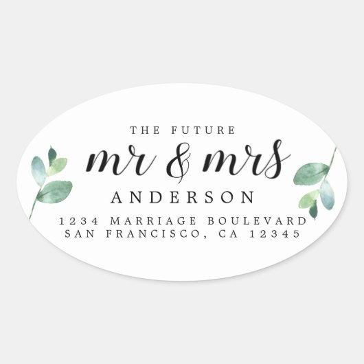 Toekomstige Meneer Mevrouw Groen Loof Huwelijksadr Ovale Sticker (Voorkant)