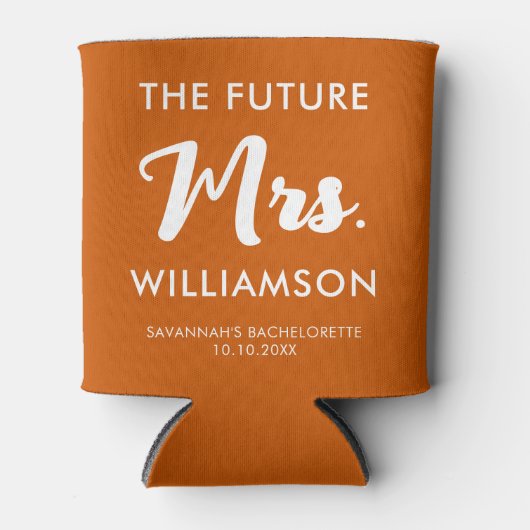 Toekomstige Mevrouw Achternaam Bachelorette Oranje Blikjeskoeler (Voorkant)