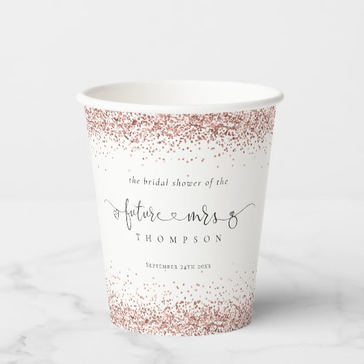 Toekomstige Mevrouw Naam Roze Gouden Glitter Bruid Papieren Bekers (Voorkant)