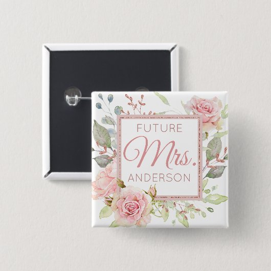 Toekomstige mevrouw | VERLOVING | Blush Rozen Vierkante Button 5,1 Cm (Voorkant /achterkant)