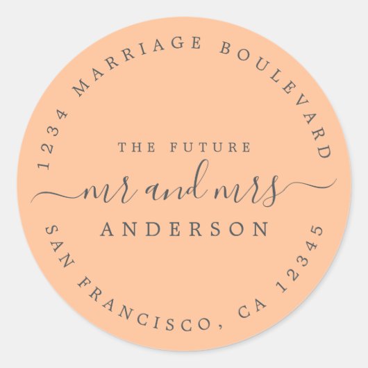 Toekomstige Mr. Mrs. Oranje bruiloft retour adres Ronde Sticker (Voorkant)