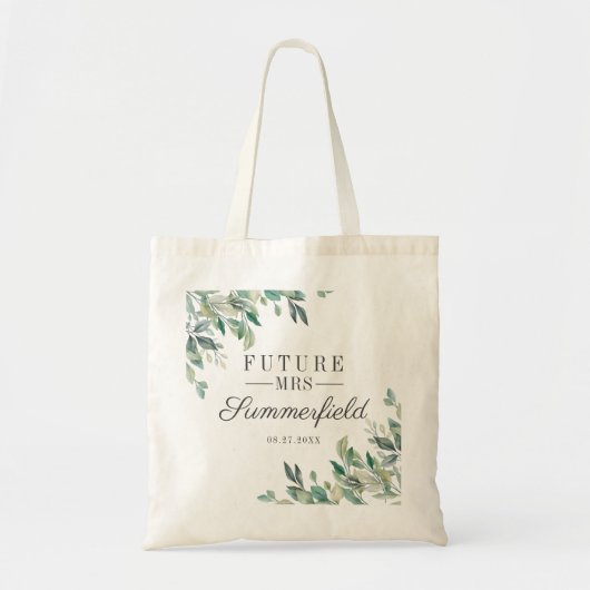 Toekomstige Mrs Bruiloftsfeest Eucalyptus Script Tote Bag (Voorkant)