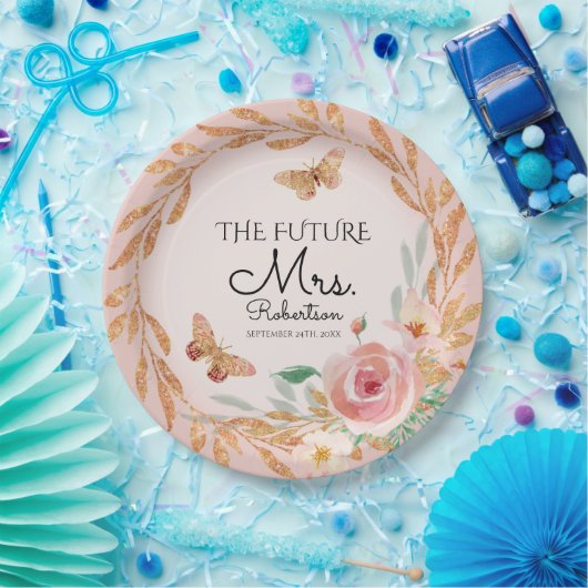 Toekomstige Mrs. Elegant Blush Bloemen Waterverf B Papieren Bordje (Feest)