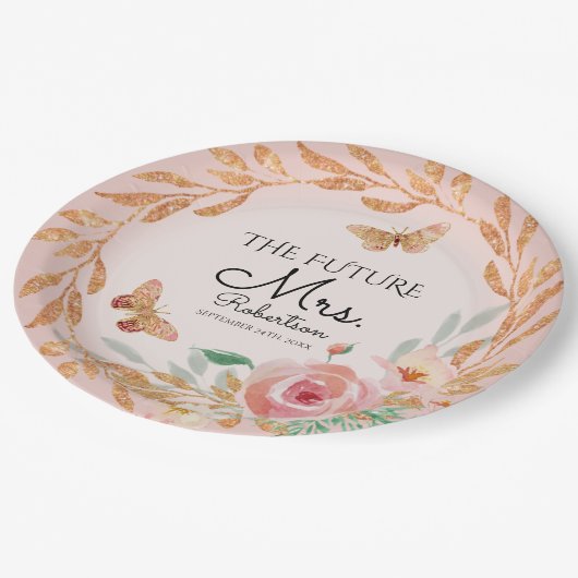 Toekomstige Mrs. Elegant Blush Bloemen Waterverf B Papieren Bordje (Gekanteld)