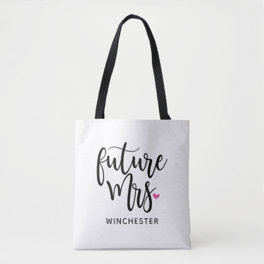 Toekomstige Mrs. (Jouw naam) Black Script Tote Bag (Voorkant)
