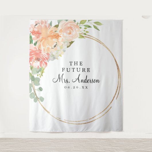 Toekomstige Mrs Peach Bloemig Bruiloftsontvangst B Wandkleed (Voorkant)