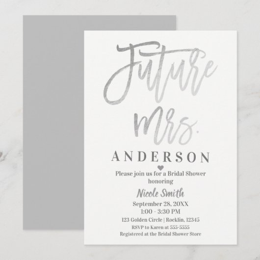 Toekomstige Mrs. Silver Modern Script-Vrijgezellen Kaart (Voorkant / Achterkant)