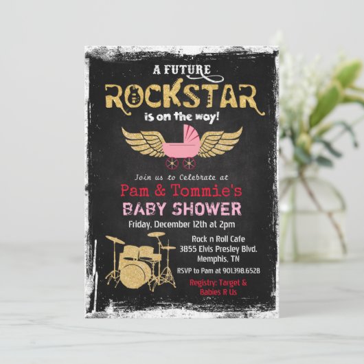 Toekomstige Rockstar Drum Set Baby shower Invitati Kaart (Staand voorkant)