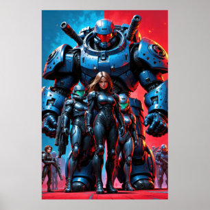 Toekomstige soldaten en gepantserde robot in een w poster