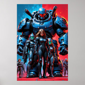 Toekomstige soldaten en gepantserde robot in een w poster