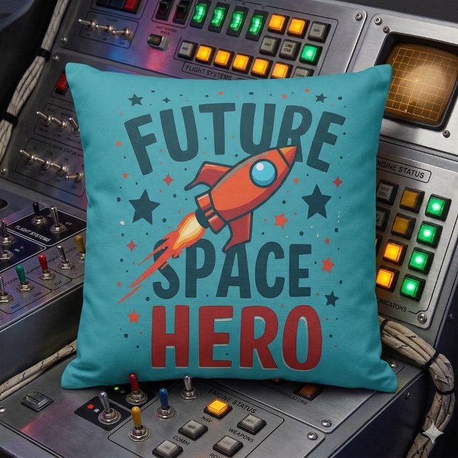 Toekomstige Space Hero Retro Rocket Ship Ontwerp Kussen (Future Space Hero Retro Rocket Ship Design Throw Pillow Mockup A)