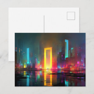 Toekomstige Stad met Stralende Neonpoort Briefkaart