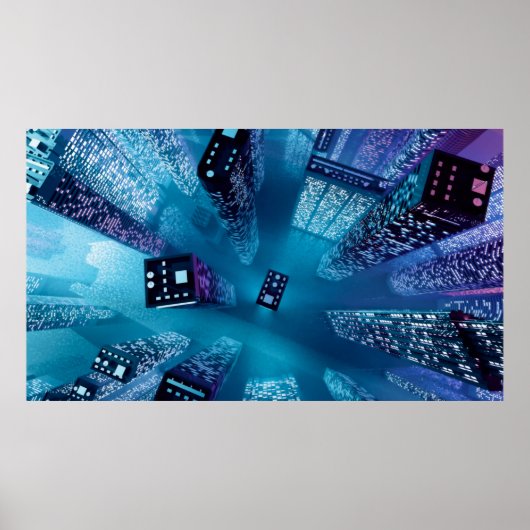 Toekomstige stadscentrum met wolkenkrabbers in neo poster (Voorkant)