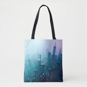 Toekomstige stadscentrum met wolkenkrabbers in neo tote bag