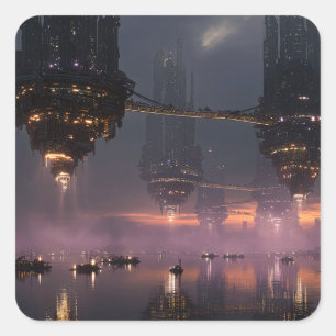 Toekomstige torens zwevend boven de haven vierkante sticker