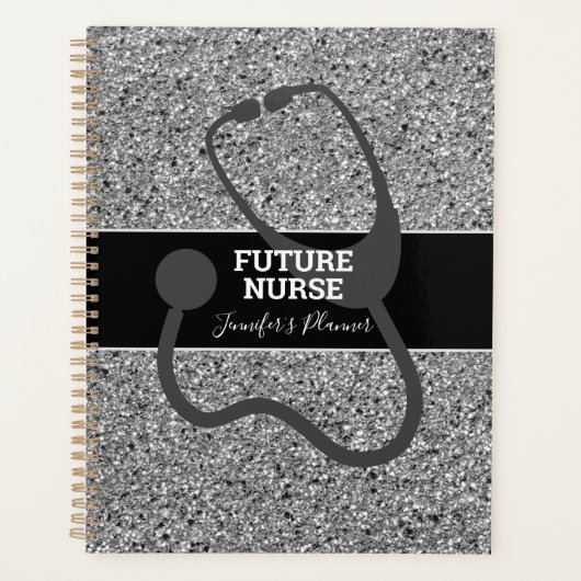 Toekomstige zwarte zure zilver Glitter Stethoscoop Planner (Voorkant)