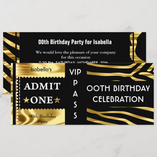 Toelating Birthday Party Zebra Gold Black Kaart (Voorkant / Achterkant)