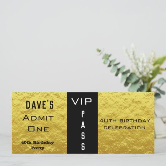 Toelating Ticket Birthday Party Gold en Black Kaart (Staand voorkant)