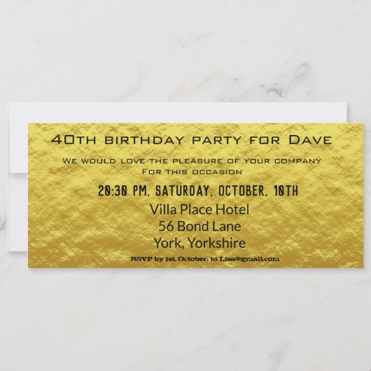 Toelating Ticket Birthday Party Gold en Black Kaart (Achterkant)