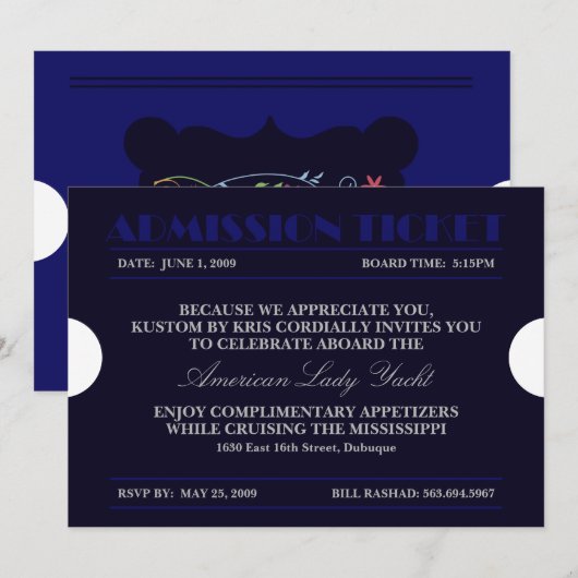 Toelating Ticket Blue 5x7-uitnodigingen Kaart (Voorkant / Achterkant)