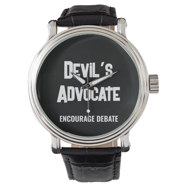 Toelichting op de zwarte witte tekst Devil's Advoc Horloge (Voorkant)